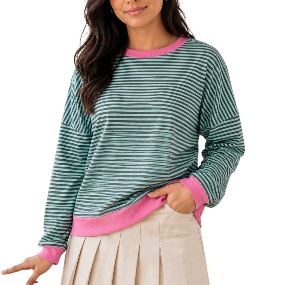 Pink Lily Mint Pink Striped Oversized Boxy Sweatshirt Medium Retro 80s